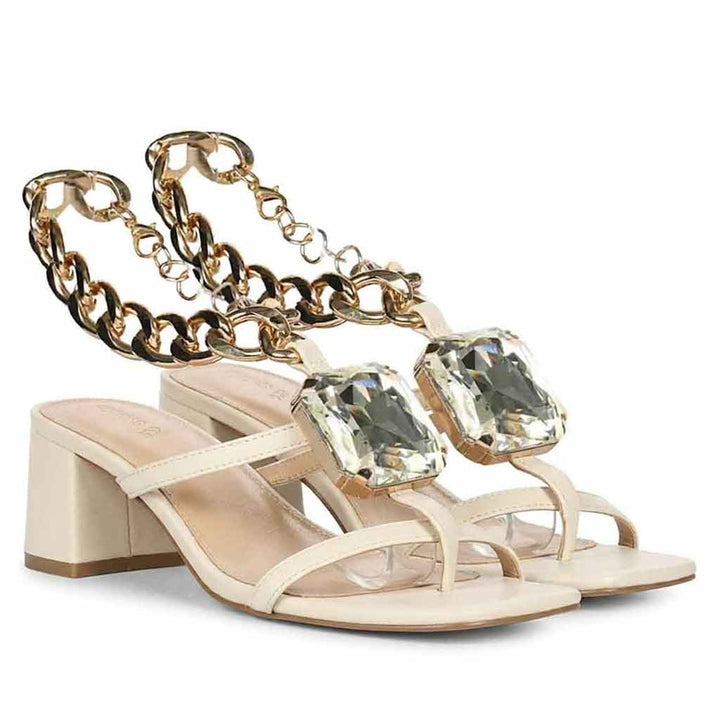 Saint Gaelle Crystal Off White Leather Chain Block Heels