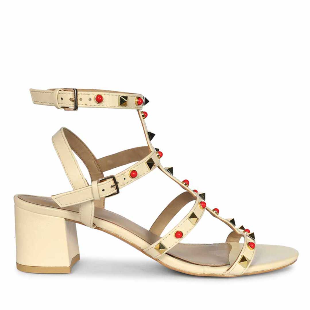 Saint Lucien Off White Leather Studded Gladiator Block Heels