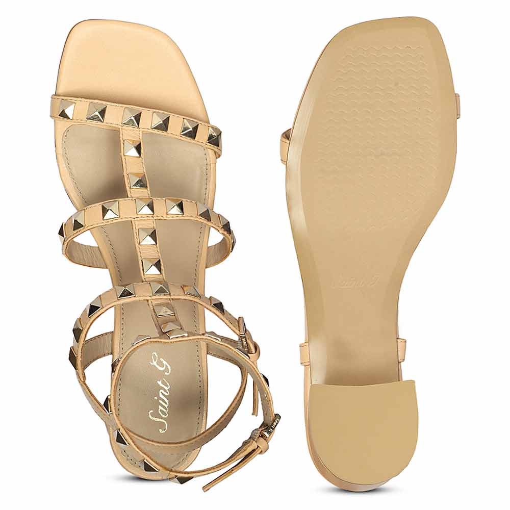 Saint Angela Gold Metal Double Buckle Porcini Block Heels