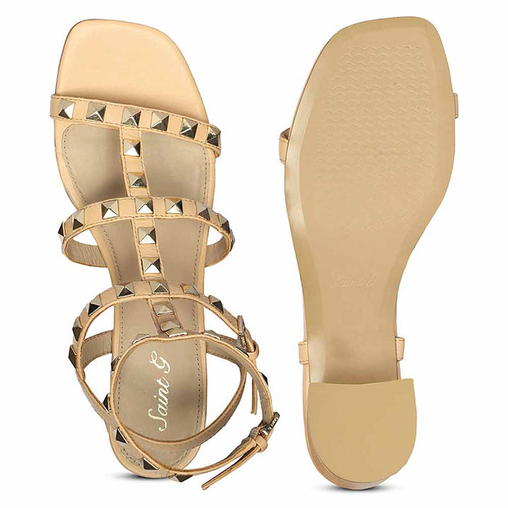 Saint Angela Gold Metal Double Buckle Porcini Block Heels
