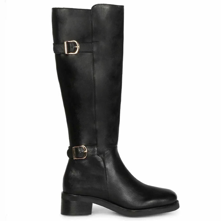 Saint Bijoy Buckle Decorative Black Leather Long Boots