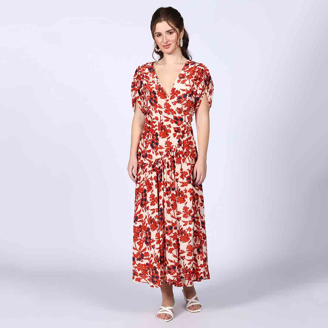 Saint Giselle Ivory Red Deep V-Neck Viscose Dress