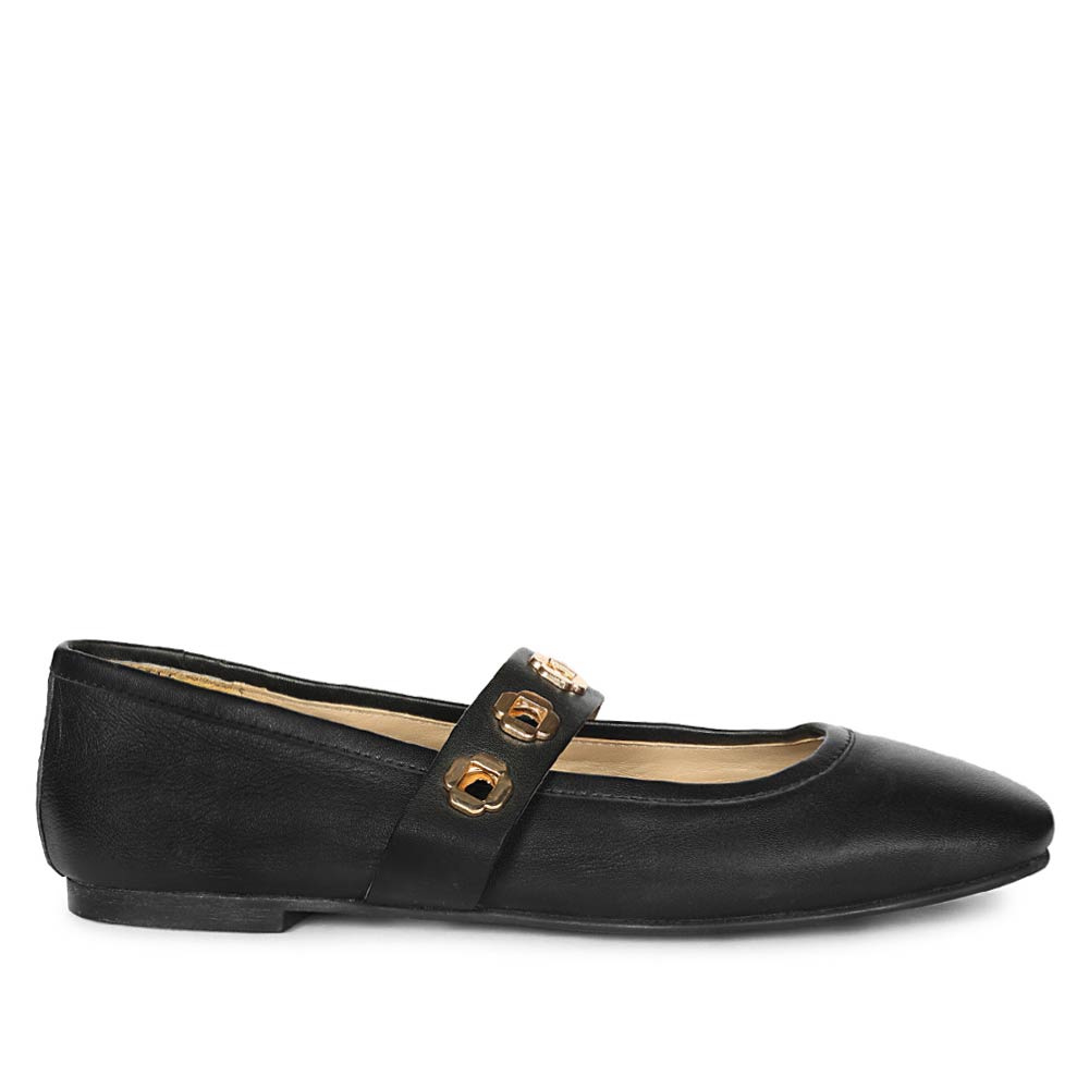 Saint Olwen Flower Eyelets Black Leather Ballet Flats