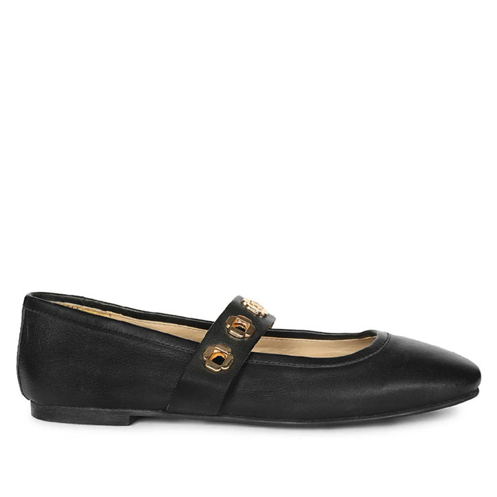 Saint Olwen Flower Eyelets Black Leather Ballet Flats