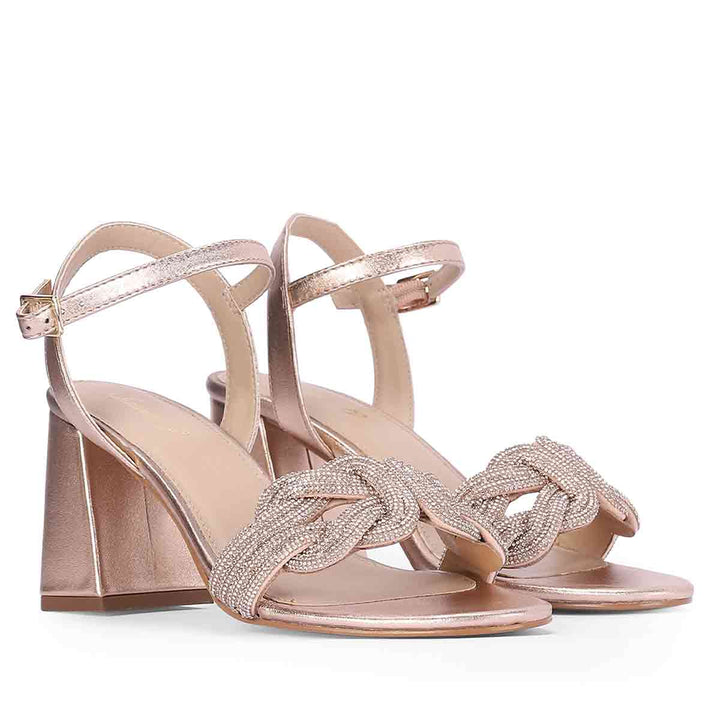 Saint Celeste Knot Embellished Rose Gold Metallic Leather Heels