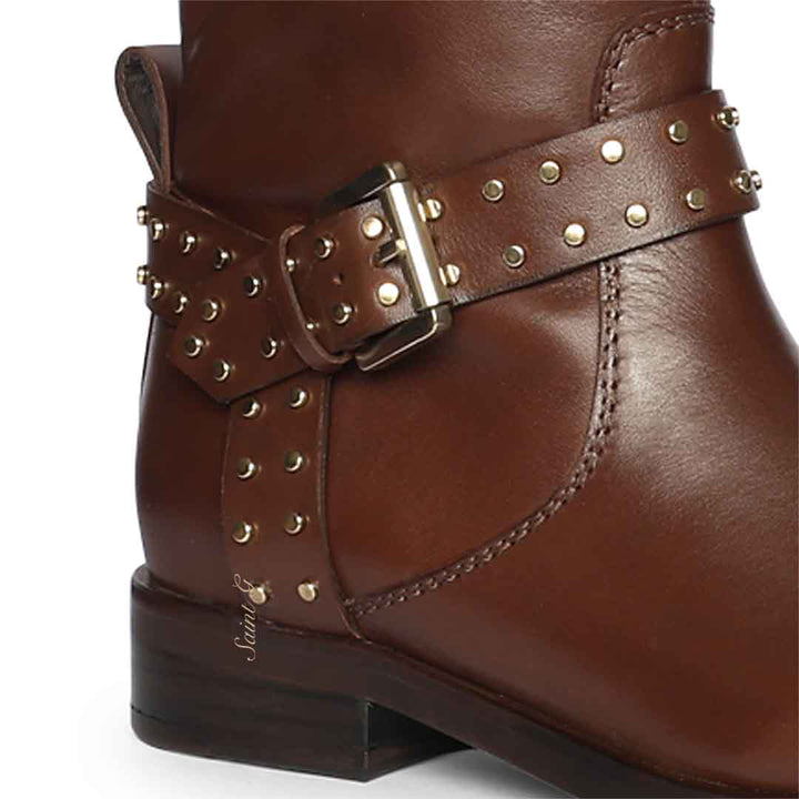 Saint Soraya Studded Buckle Brown Leather Long Boots