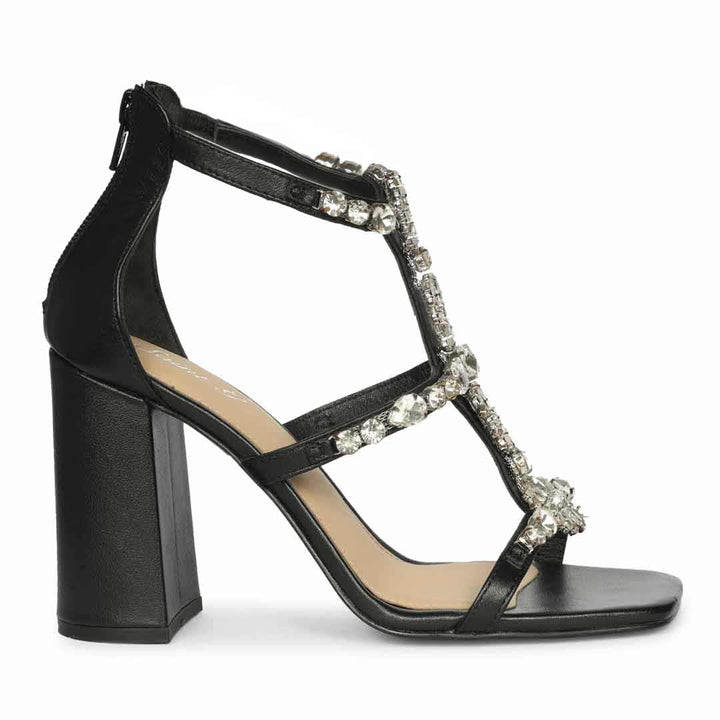 Saint Holly Crystal Stone Black Leather Block Heels