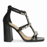Saint Holly Crystal Stone Black Leather Block Heels