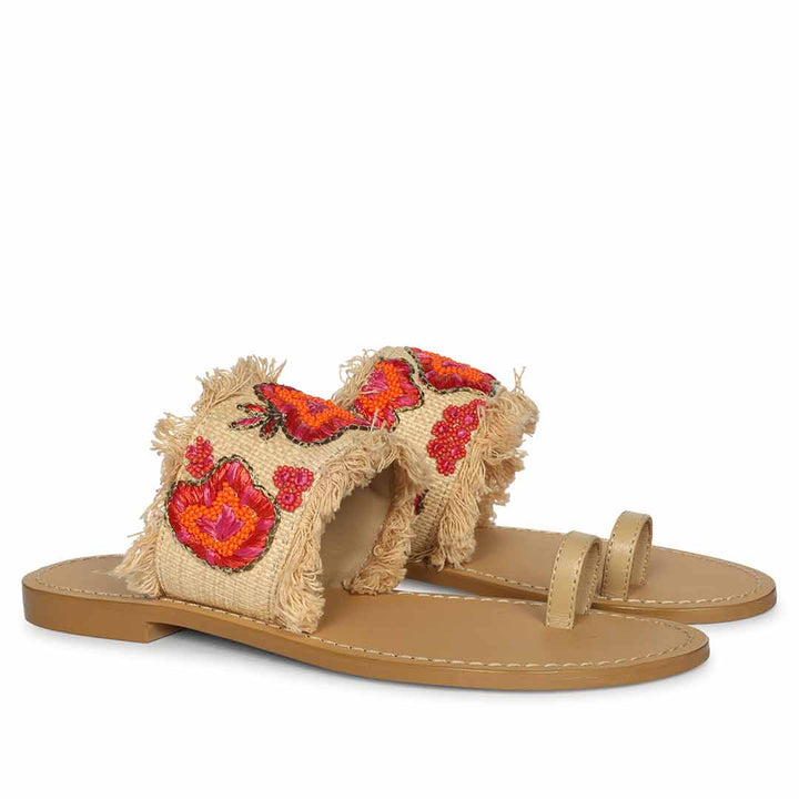 Saint Zuzu Coral Embroidered Leather Flats