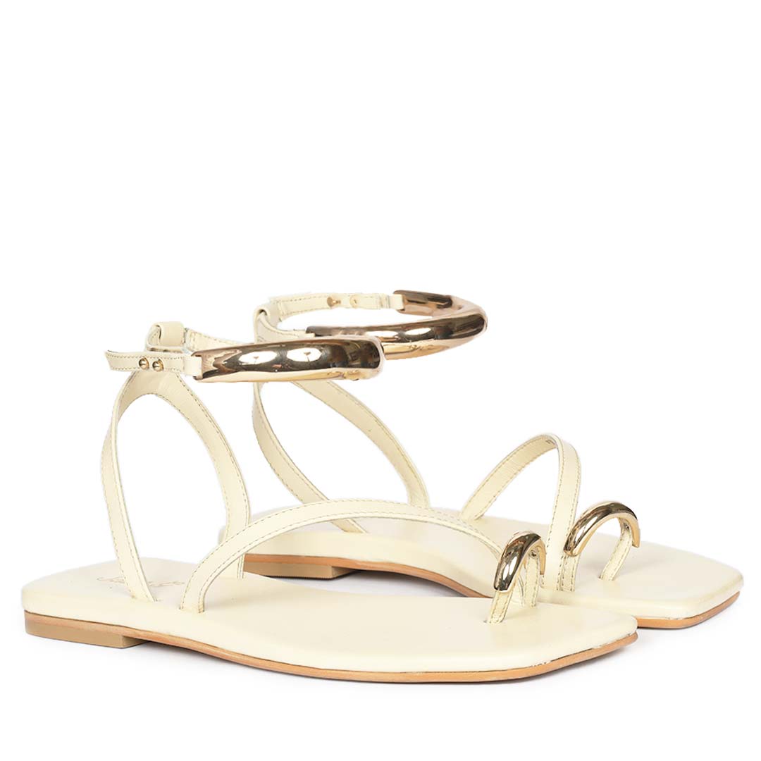Saint Zinovia Gold-Trim Off White Leather Sandals