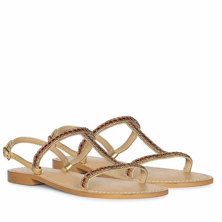 Saint Raelin Metallic Orange Leather Embellished Sandals