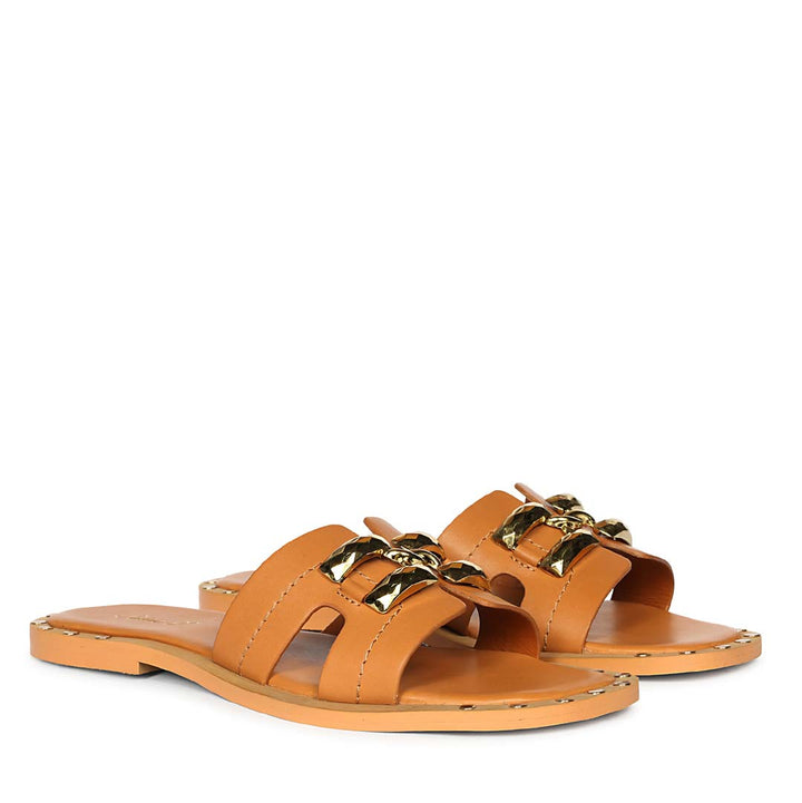 Saint Tan Leather Pyramid Stud Slides