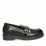 Saint Rue Crystal Buckle Black Abrasivato Leather Moccasins
