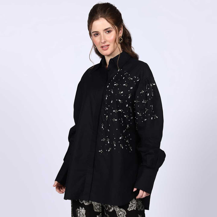 Saint Amelia Black Cotton Rhinestone Shirt