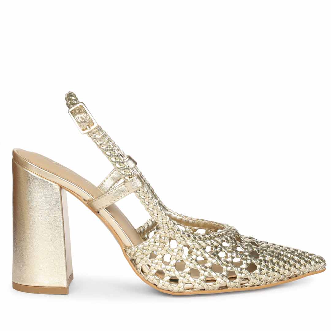 A single metallic gold slingback high heel shoe with a pointed toe