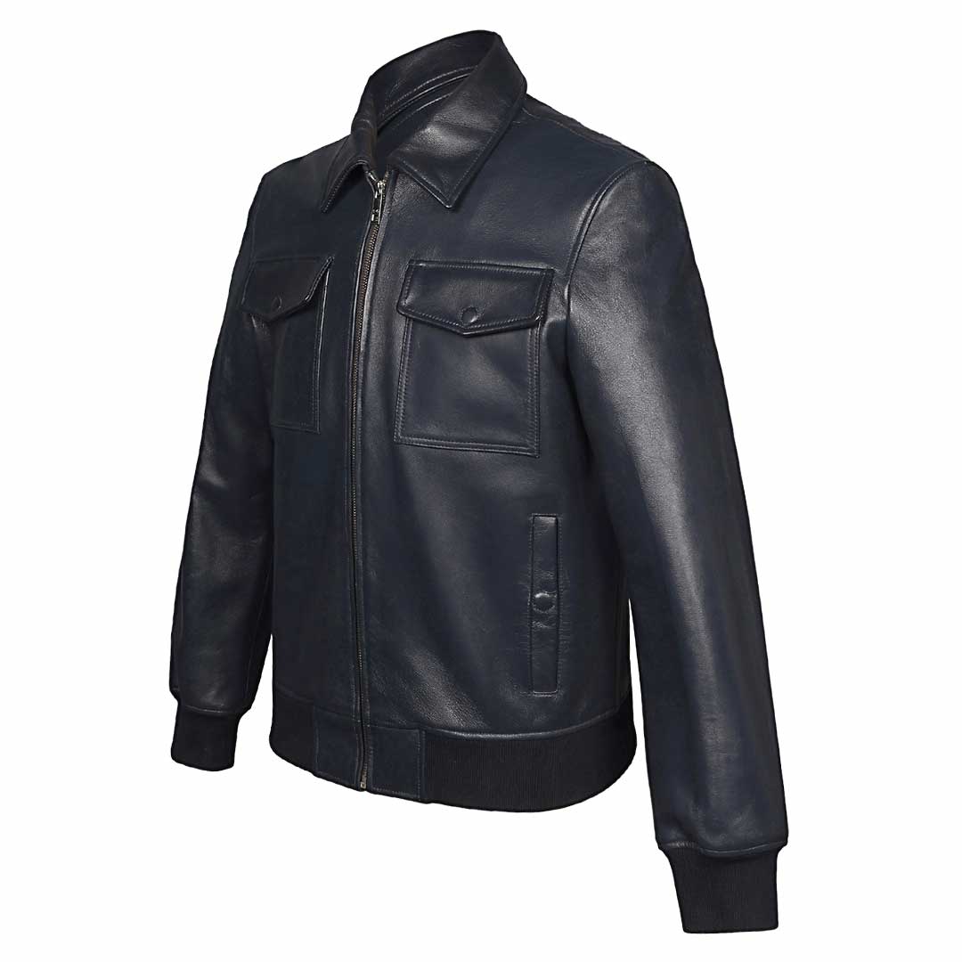 Saint Simon Blue Leather Men's Jacket With Collars