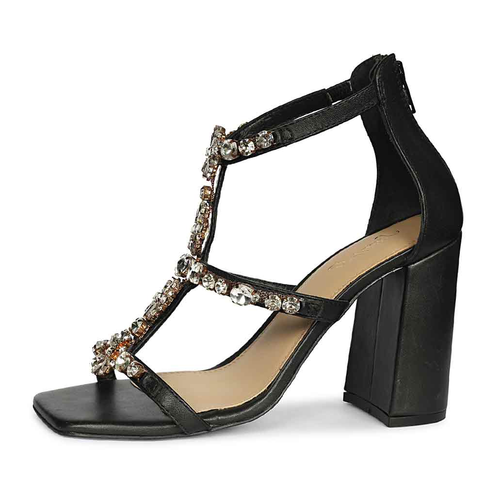 Saint Holly Crystal Stone Black Leather Block Heels