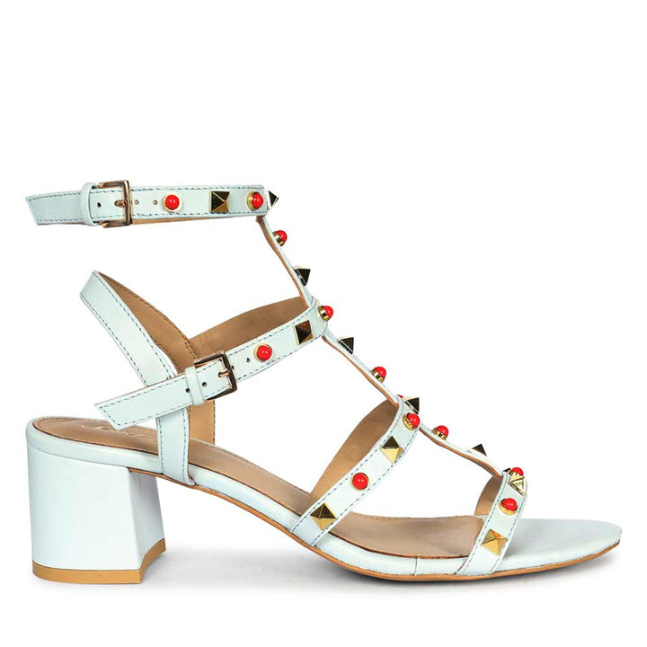 Saint Lucien Sky Blue Leather Studded Gladiator Block Heels