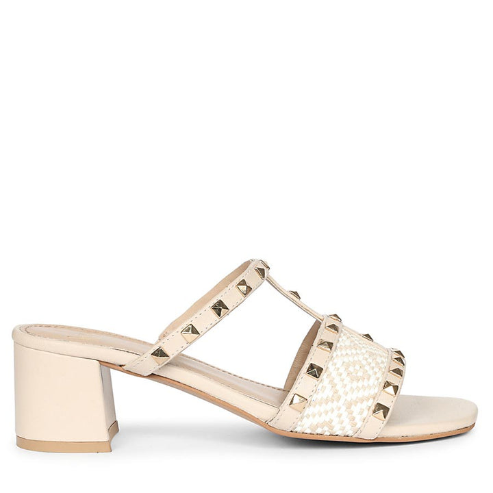 Saint Zafira Pyramid Stud Raffia Beige Leather Block Heels