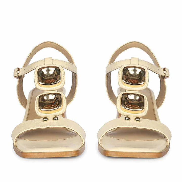 Saint Zoriel Gold Trim Off White Leather Block Heels