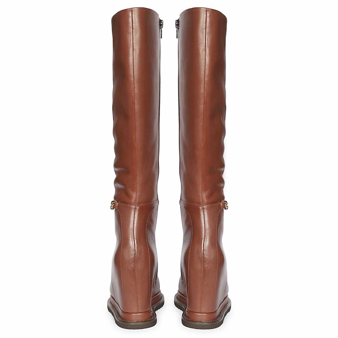 A pair of brown leather knee-high riding boots shown from the back, featuring a side zipper and small gold-tone buckle