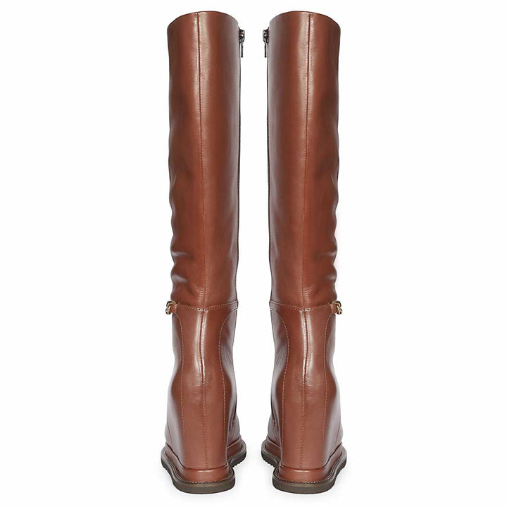 A pair of brown leather knee-high riding boots shown from the back, featuring a side zipper and small gold-tone buckle
