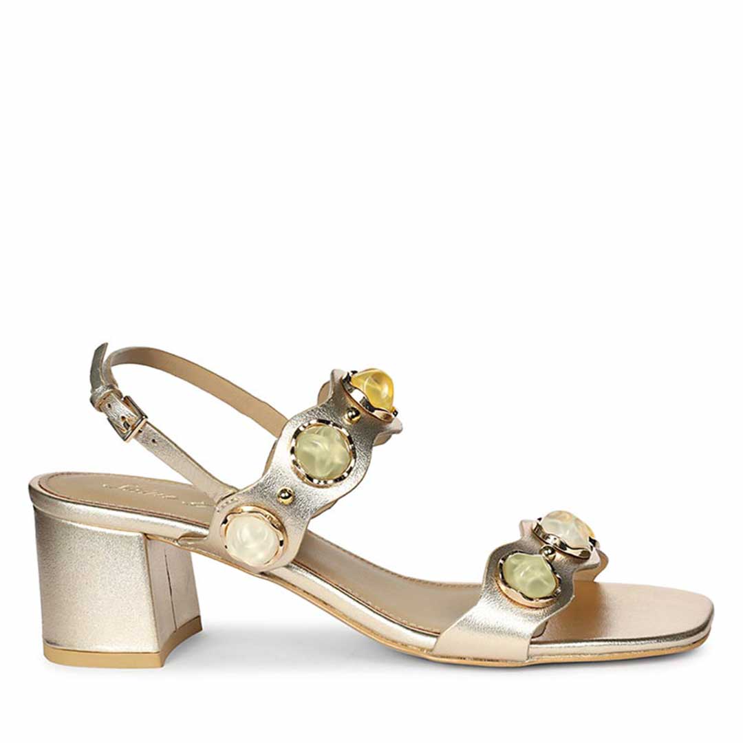 Saint Solira Multi-Stone Metallic Gold Leather Block Heels