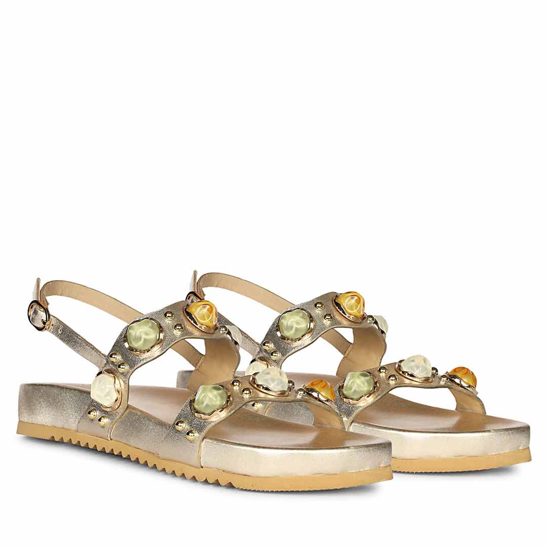 Saint Solira Multi Stone Metallic Gold Leather Footbed Sandals