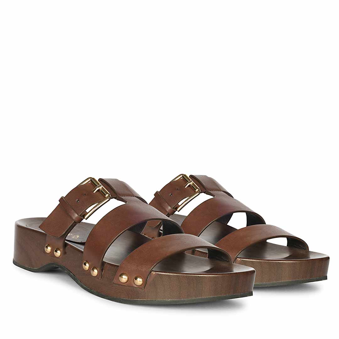 Saint Valene Buckle Brown Leather Platform Sandals