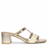 Saint Zafira Pyramid Stud Raffia Gold Leather Block Heels
