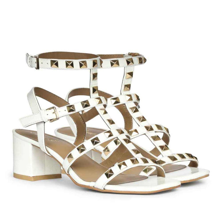 Saint Angela White Patent Leather Metal Studded Block Heels