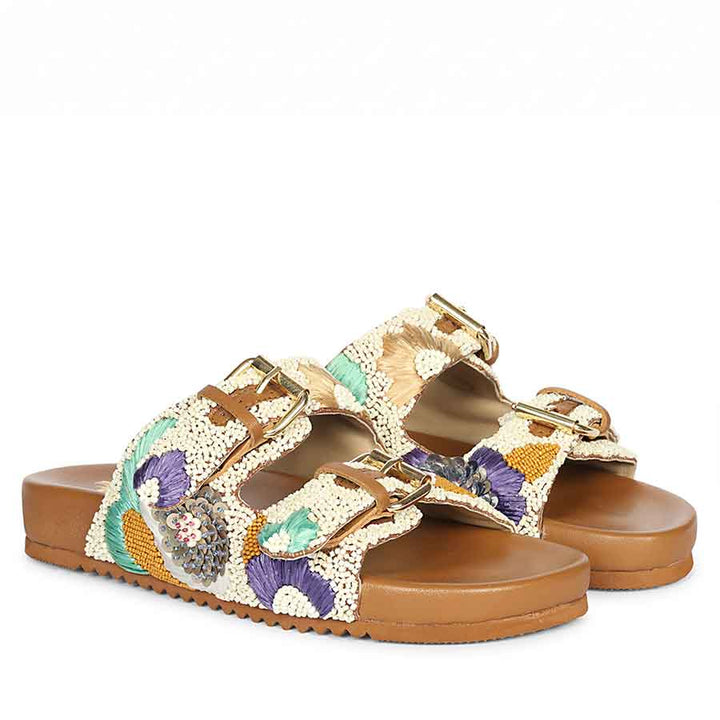 Saint Clio Hand-Embroidered Tan Leather Footbed Sandals