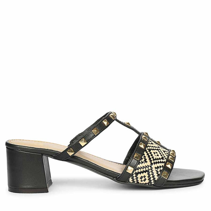Saint Zafira Pyramid Stud Raffia Black Leather Block Heels