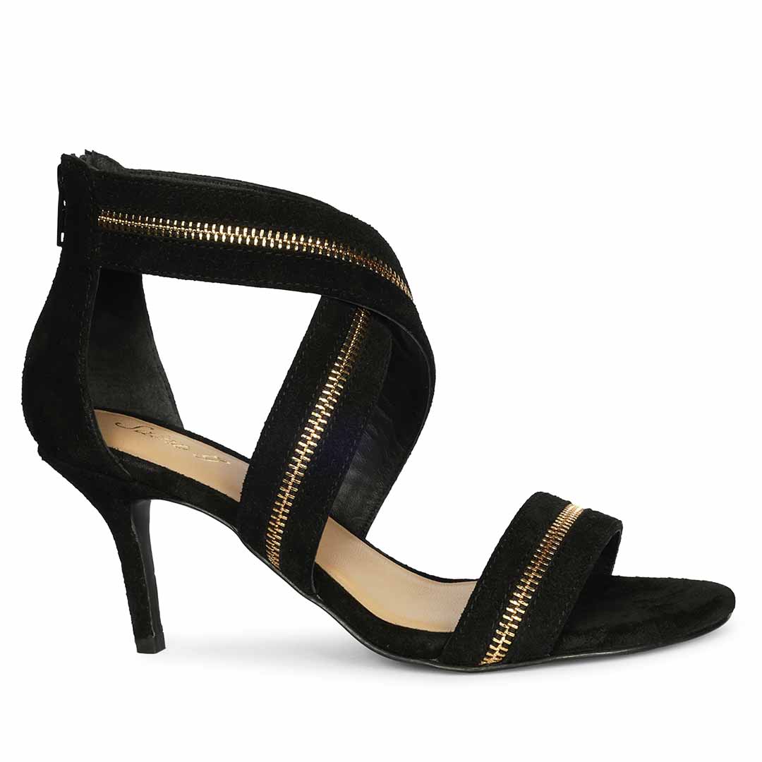 Saint Delilah Zip Decor Criss Cross Black Suede Leather Stilettos