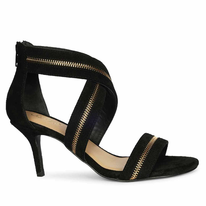 Saint Delilah Zip Decor Criss Cross Black Suede Leather Stilettos