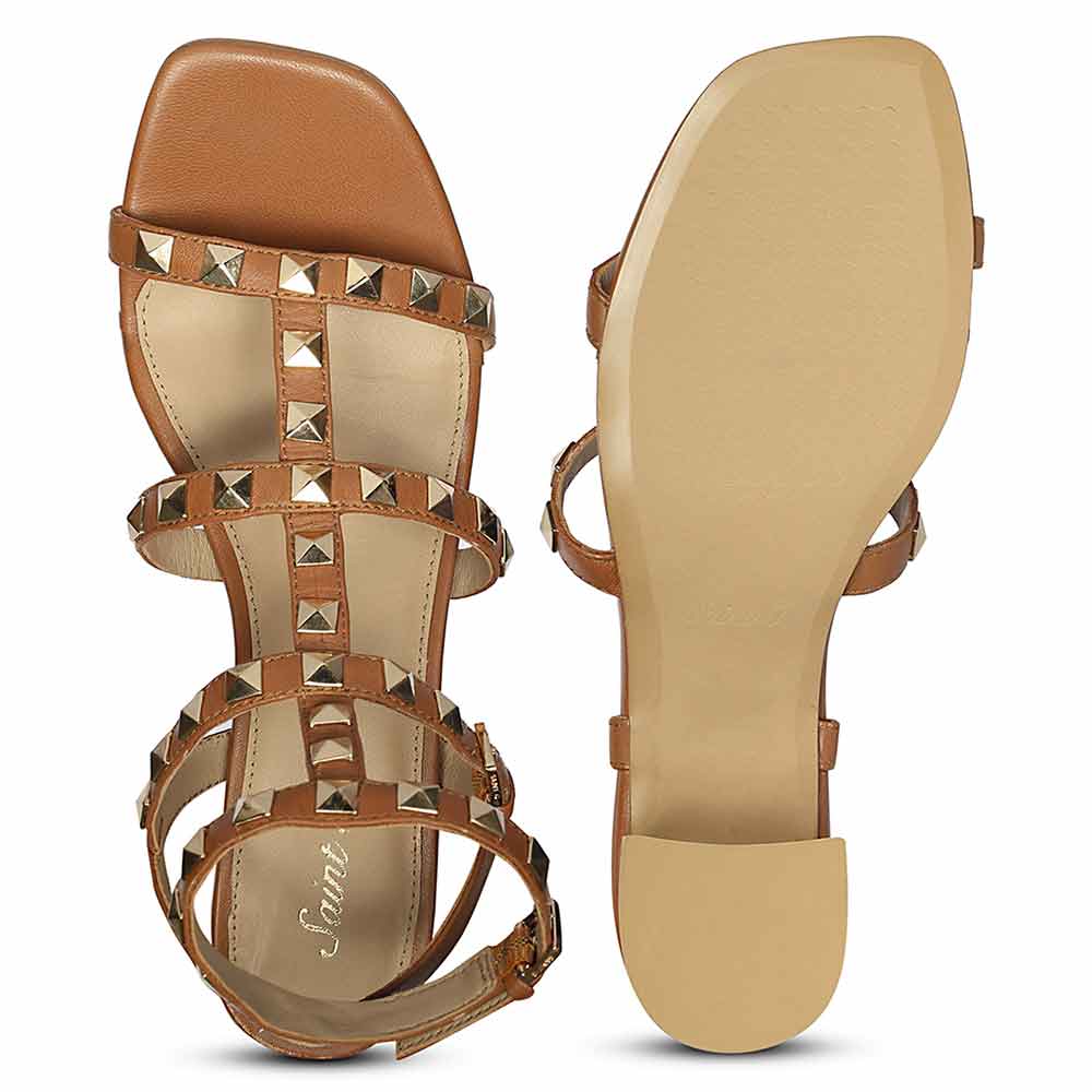 Saint Angela Gold Metal Double Buckle Tan Block Heels