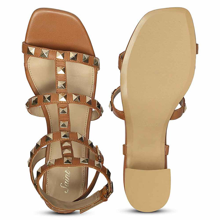 Saint Angela Gold Metal Double Buckle Tan Block Heels