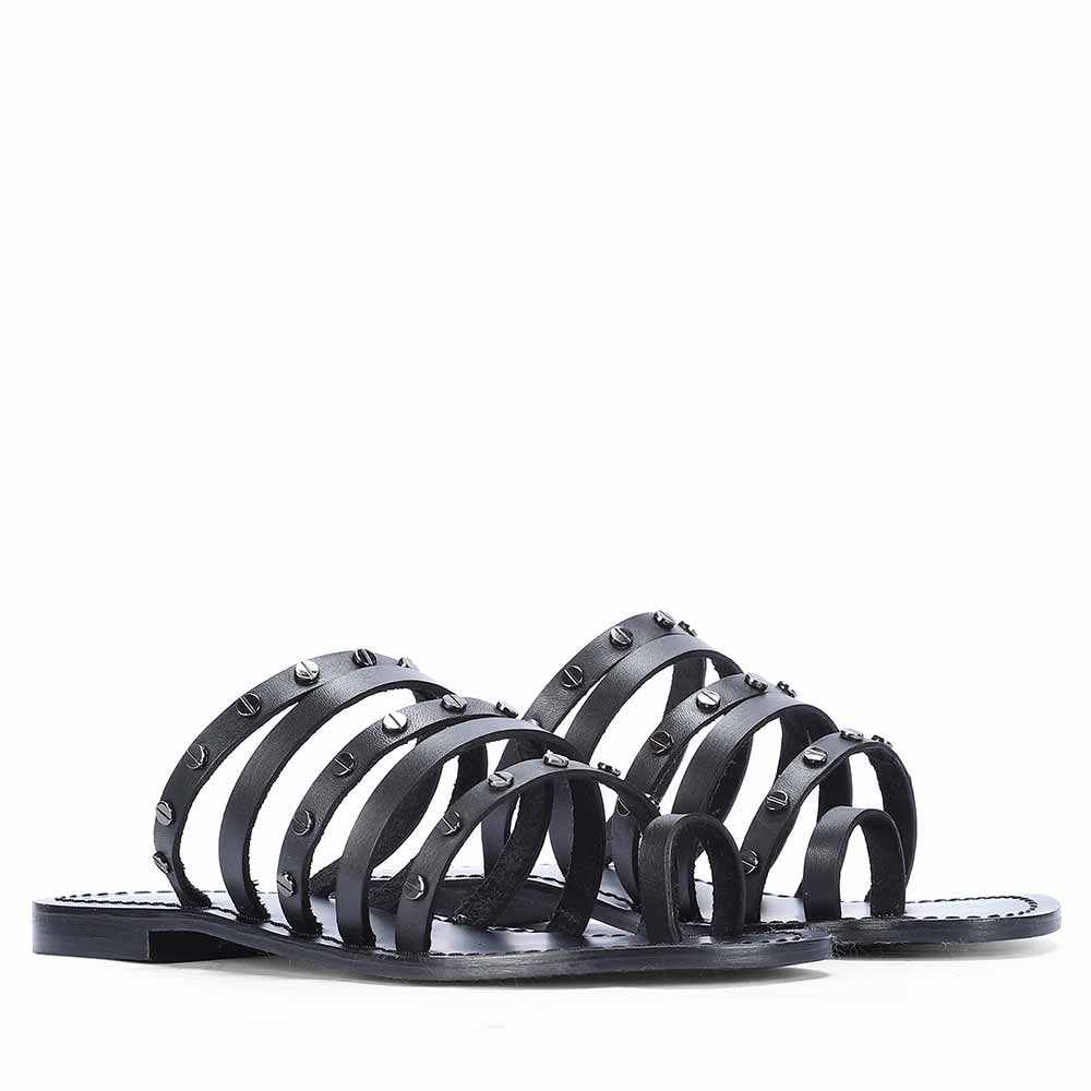 Saint Suri Metal Studded Multi-Strap Leather Flats Sandals