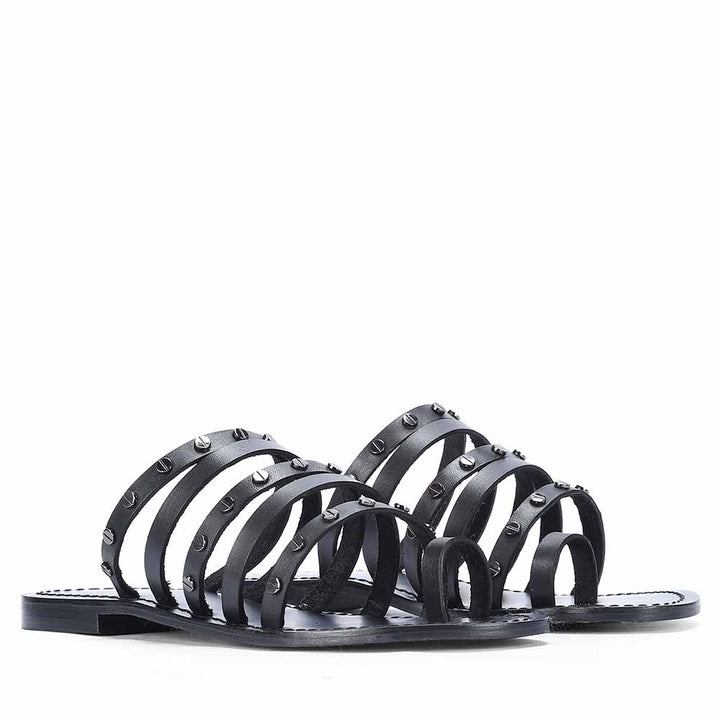 Saint Suri Metal Studded Multi-Strap Leather Flats Sandals