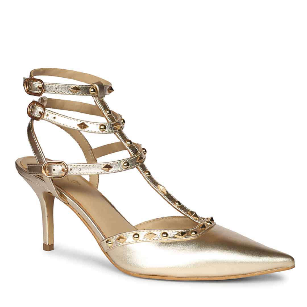Saint Vorela Studded Multi Strap Platin Leather Heels