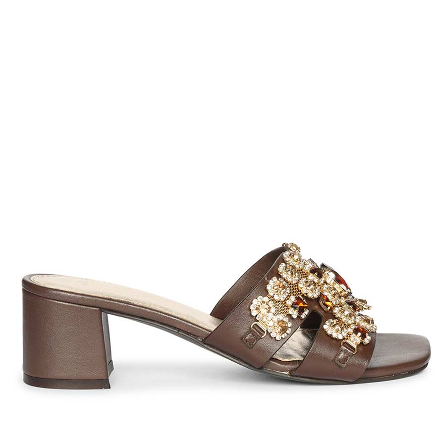 Saint Fiorenza Stone Embroidered Brown Leather Block Heels