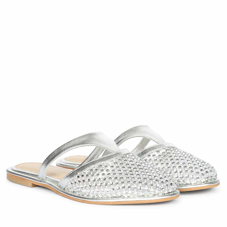 Saint Nerissa Crystal Mesh Silver Leather Mule Flats