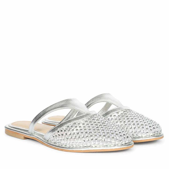 Saint Nerissa Crystal Mesh Silver Leather Mule Flats