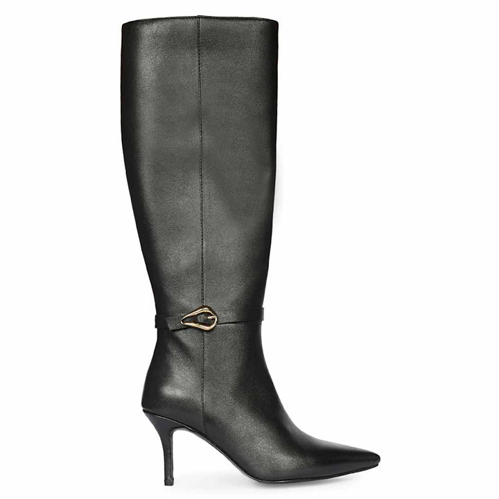 Saint Blair Ring Buckle Black Leather Knee High Boots