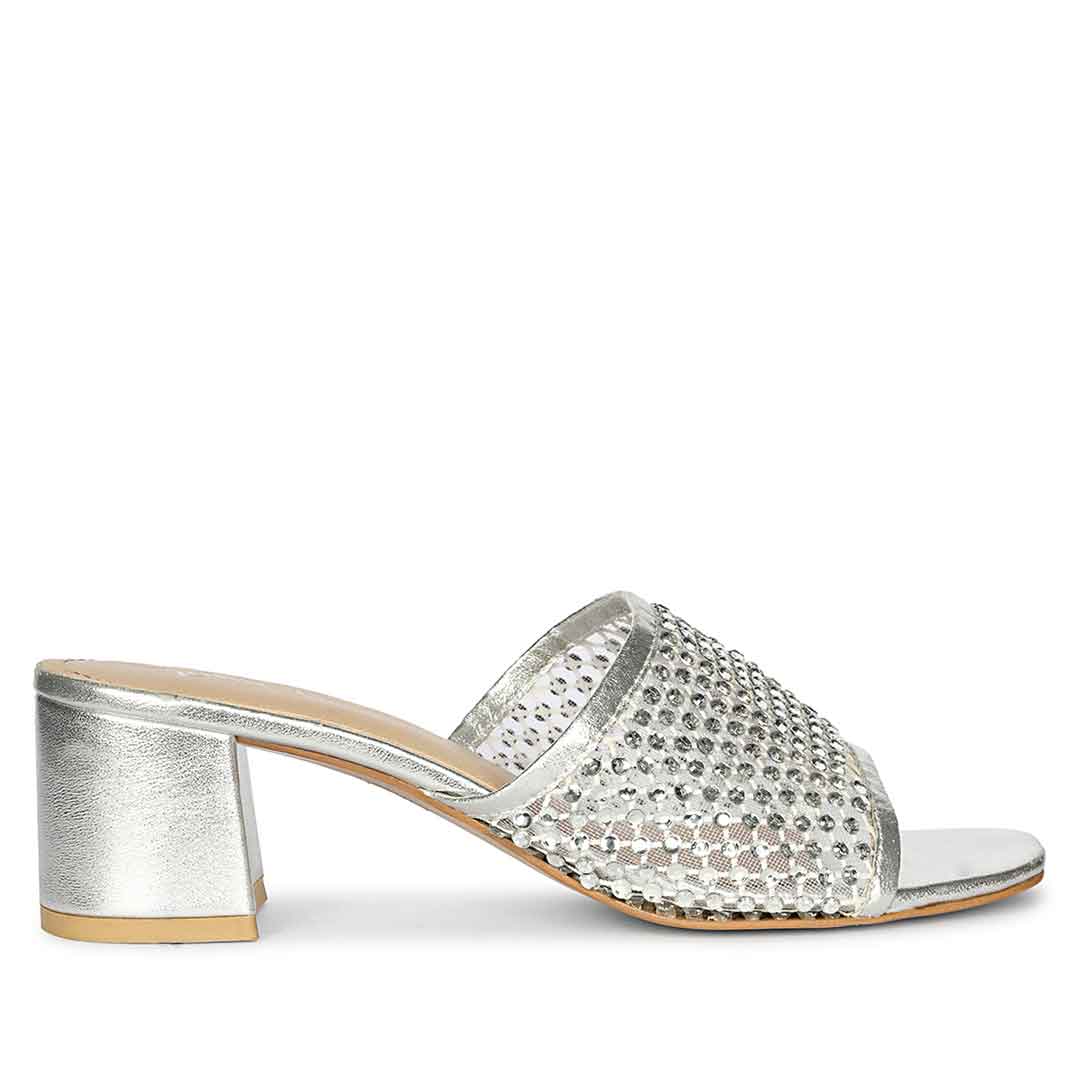 Saint Valisa Crystal Silver Leather Block Heels