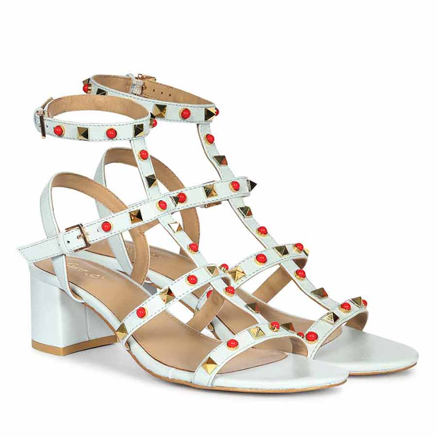 Saint Lucien Sky Blue Leather Studded Gladiator Block Heels