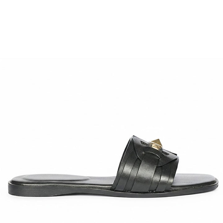 Saint Tyla Black Leather Pyramid Stud Slides