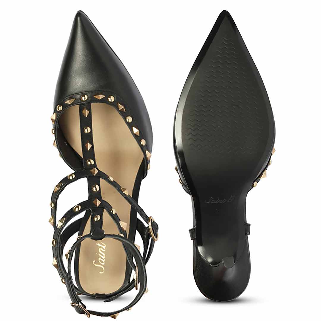 Saint Brittany Crystal Stone Black Leather High Heels