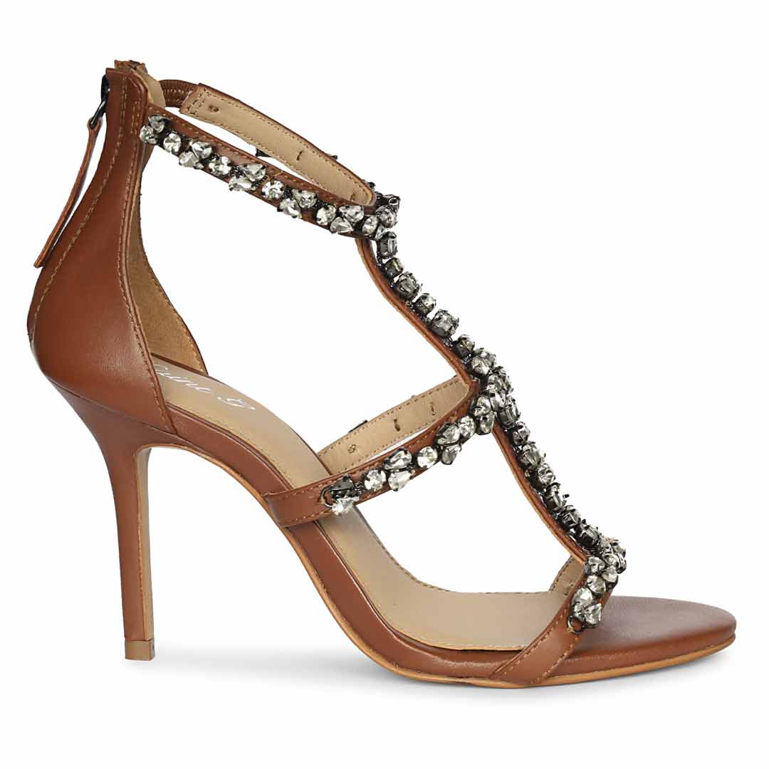 Saint Ella Stone Embellished Cognac Strappy Leather Stilettos