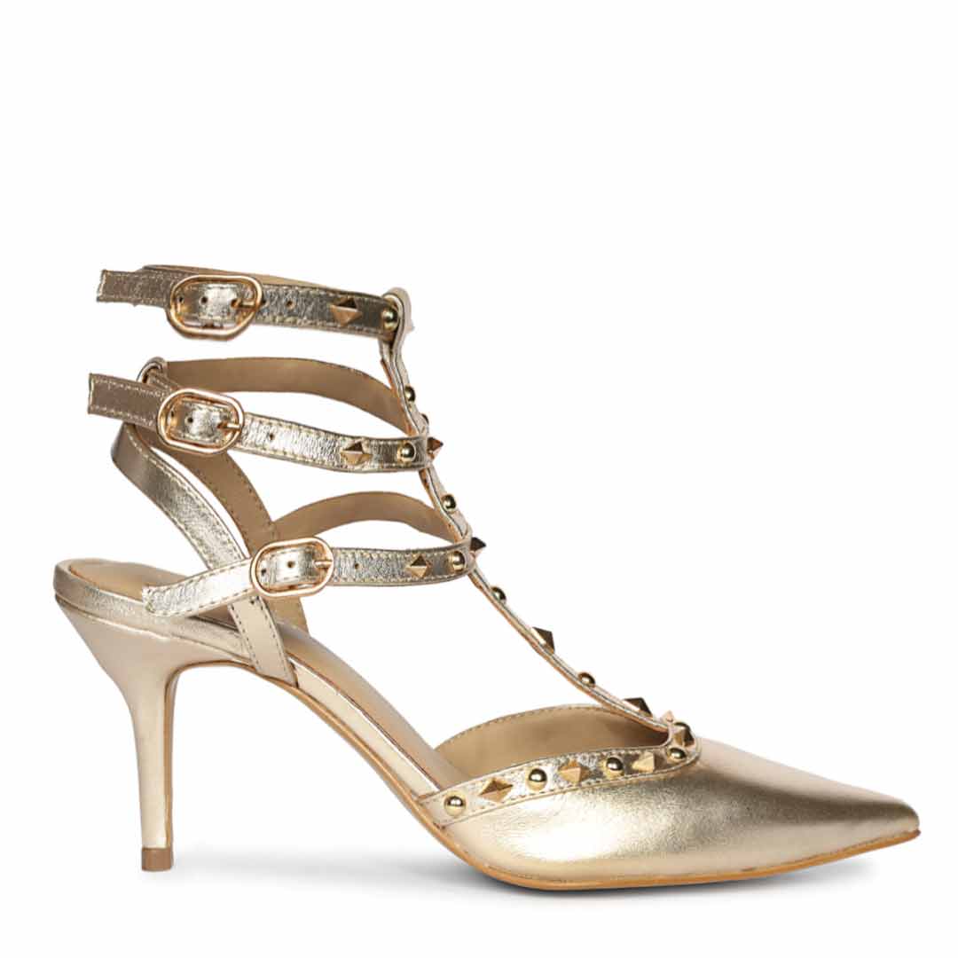 Saint Vorela Studded Multi Strap Platin Leather Heels